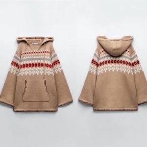Zara limited edition brown camel Fair Isle wool jacquard poncho sweater …